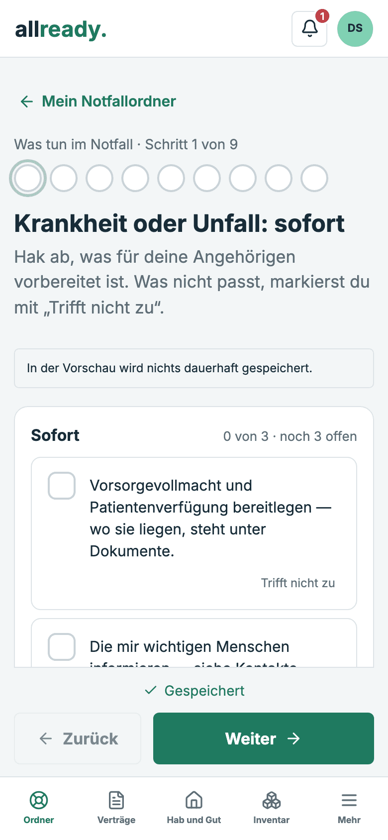 Ein Schritt im Kapitel „Was tun im Notfall“ mit Aufgaben zum Abhaken